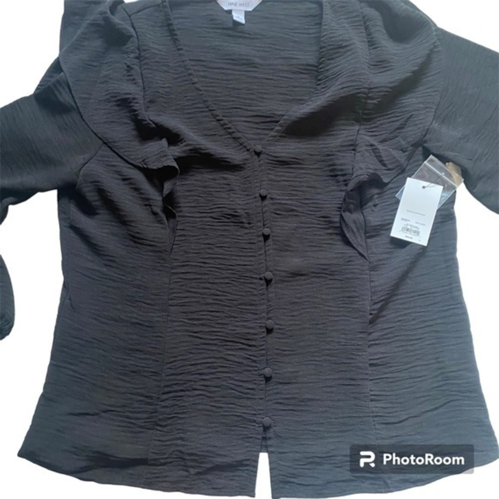 Nine West Black Ruffle-Trim Button Front Blouse